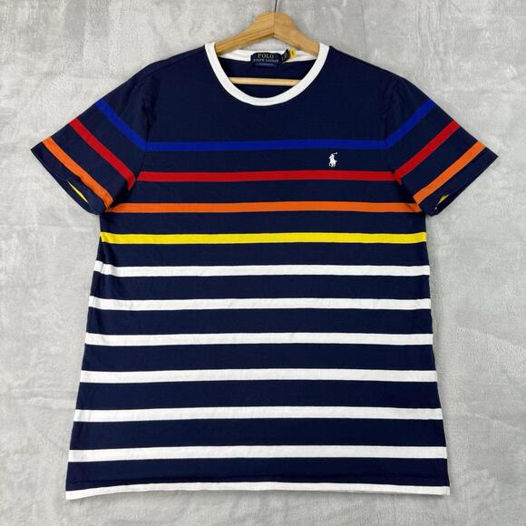Polo Ralph Lauren Striped T Shirt Navy Multicolor Pony Logo Custom Slim Mem sz M - Picture 2 of 9